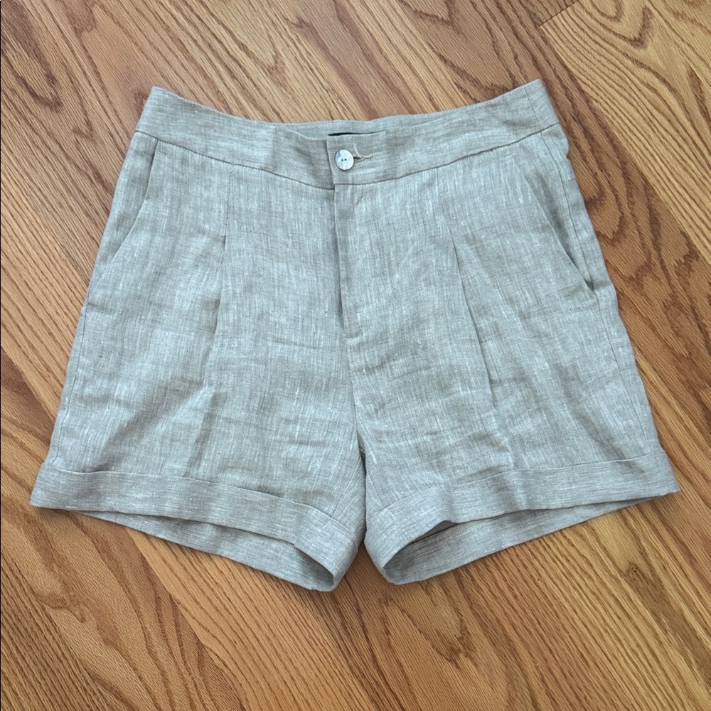 Karen Kane Linen-Blend High-Waist Tailored Shorts in Beige